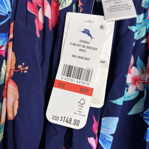 Tommy Bahama Flora Off Shoulder Dress Coverup XS Navy Belt Tropical Hawaiian NWT - Picture 15 of 16